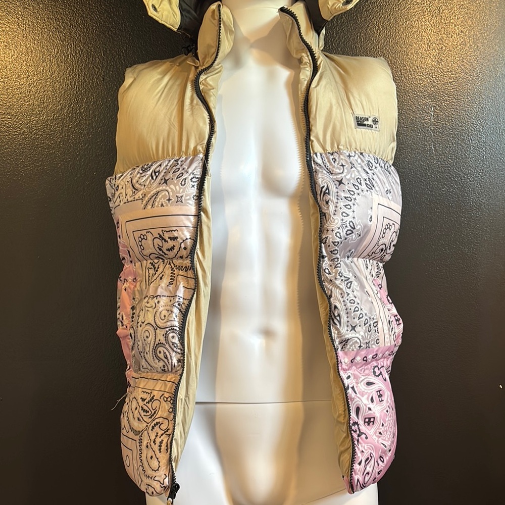Men’s Beige and Pink Paisley Puffer Vest